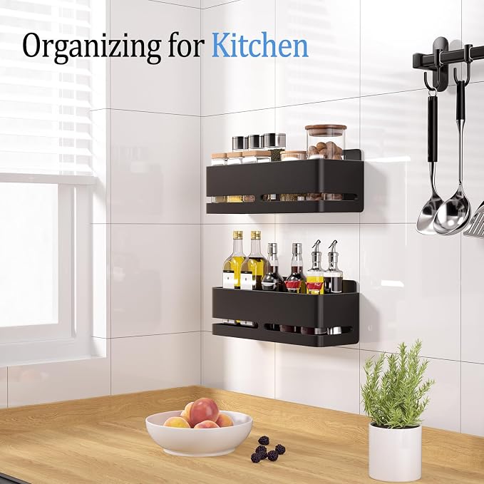 Shower Caddy, 2-Pack Shower Shelf, Heavy-Duty Bathroom Storage Shelf, Large Capacity No-Drill Bathroom Organizer, Black Metal Storage Basket, Adhesive Installation