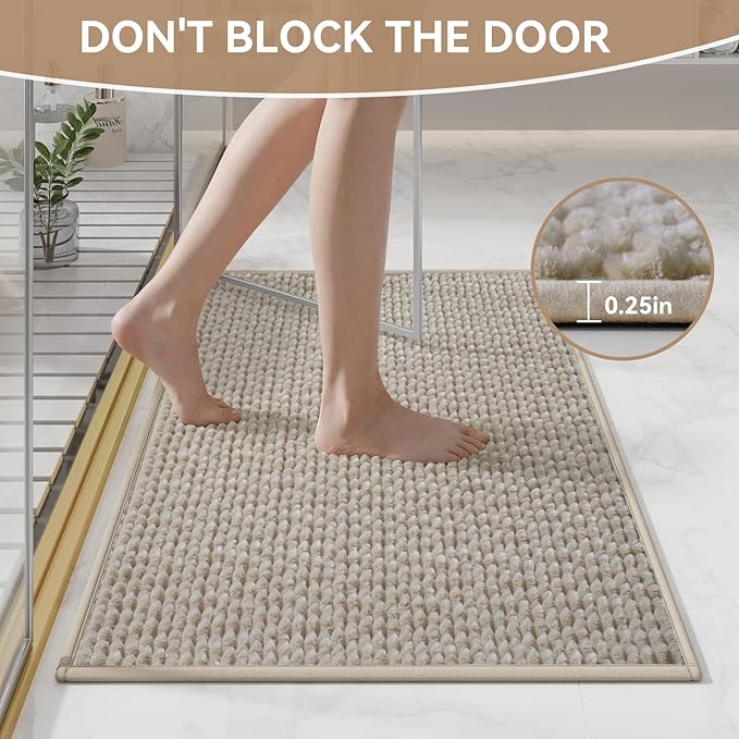 24x36 Extra Soft Chenille Bathroom Rugs - Non Slip Quick Dry Absorbent & Washable Bath Mat, Thin Low Profile Fit Under Door, Shower Mat for Outside Shower - Brown