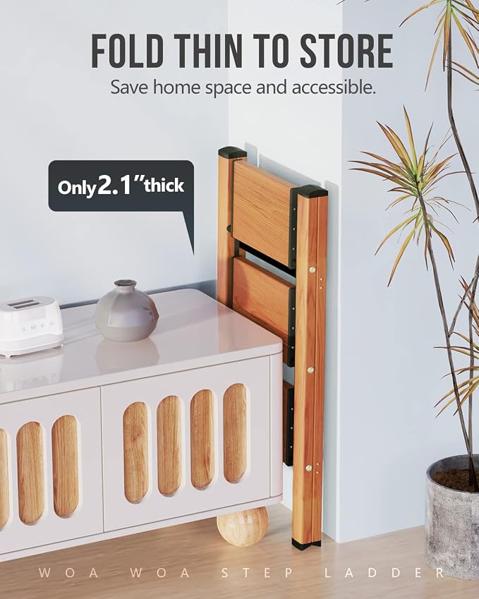 WOA WOA 3 Step Ladder, Foldable Step Stool, Aluminum Lightweight Ladder for Home Kitchen Closet, Anti-Slip Pedals, Ease of Folding, Portable, 300lbs Capacity - Wood Grain