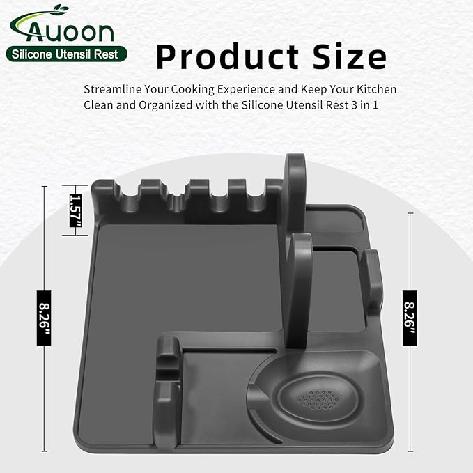Auoon Silicone Spoon Rest with Lid Holder - 3 in 1 Kitchen Utensil Rest for Soup Ladles, Pot Lids, Spatulas, Spoons, Tongs, BPA Free & Dishwasher Safe, 8.26 x 8.06 Inch (Gray, Large)