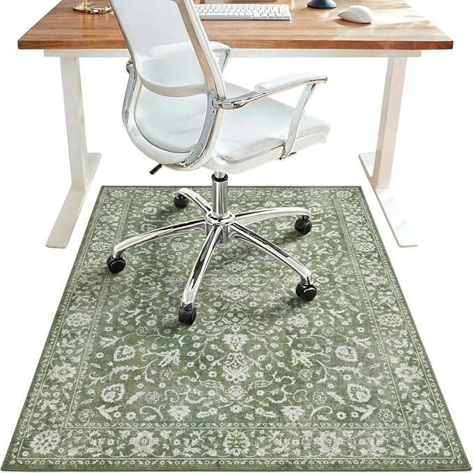 48"x72" Office Chair Mat for Hardwood Tile Floor, Under Desk Carpet Protector for Rolling Computer Chair Mat, Machine Washable Area Rug, Anti-Slip 1/5" Thick Low Pile Thin Vinyl Floor Mat, Sage