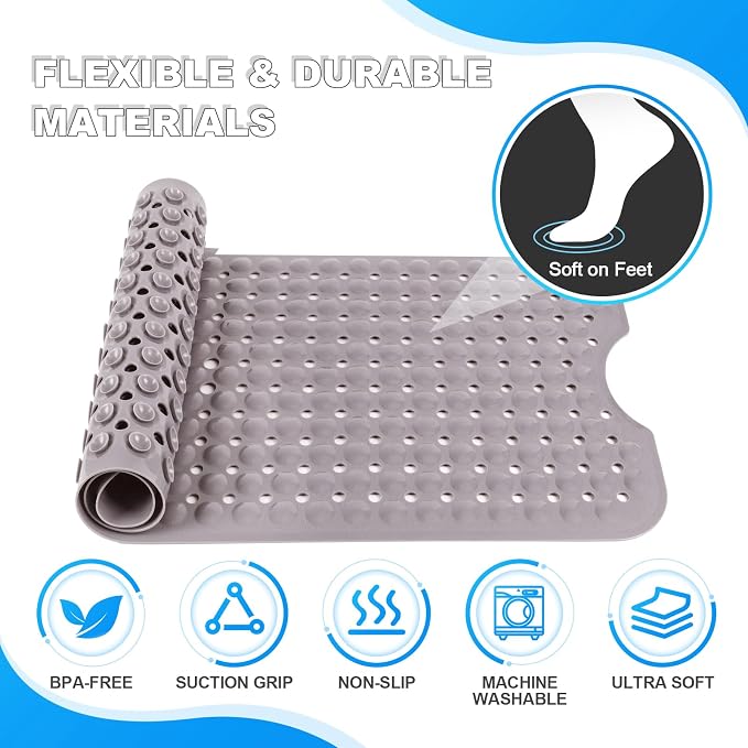 Bathtub and Shower Mats, 40x16 Inch Extra Large Non Slip Soft Bath Tub Mat with Suction Cups and Drain Holes for Bathroom Floor and Keep Tubs Clean, Machine Washable, Tan
