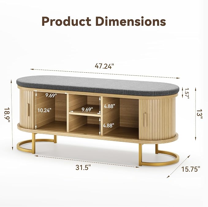 Decofy Storage Bench with Cushion and Sliding Doors, 47.2 Inch Large Entryway Shoe Bench with Sturdy Metal Feet, Multi-Functional for Entrance Hall, Bedroom, Living Room (Oak)