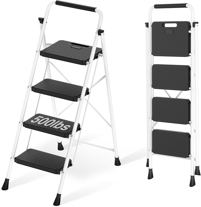Step Ladder, Portable Steel Folding Step Stool with Wide Anti-Slip Pedal & Convenient Handgrip, Sturdy Steel Ladder, 4-Step, White