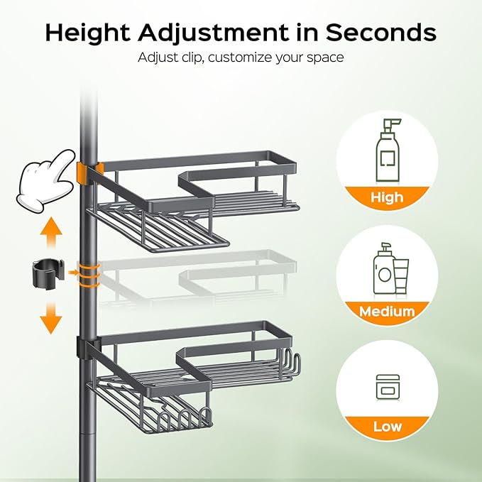HAMITOR Corner Shower Caddy Tension Pole: 4-Tier Rustproof Bathroom Shampoo Organizer Shelf with Soap Holder - No-Drill Adjustable Standing Tension Pole Rack for Family - 47-123 Inch Gray