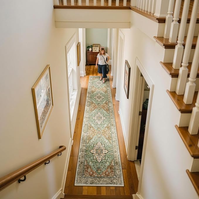 RELEANY Area Rugs Runner 2'x10' Washable Non-Slip, Floral Vintage Distress Medallion Carpet for Kitchen Hallway Bedroom Beside Laundry Room Bathroom, Terracotta Burnt Orange Green