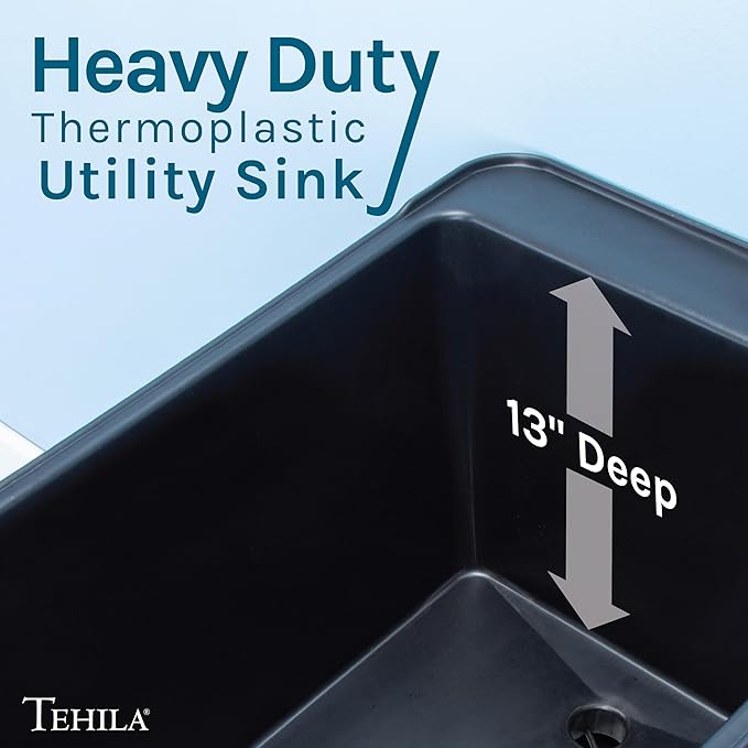 Black Space Saver Utility Sink by JS Jackson Supplies, Freestanding Tehila Space Saving Laundry Tub, Black Pull-Down Faucet, Soap Dispenser