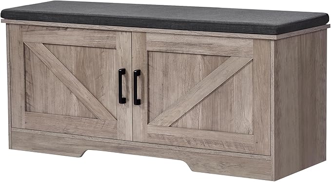 HOMSHO 2-Tier Storage Bench, 39.4" Wide Shoe Bench with Padded Seat Cushion, Entryway Bench with 2 Barn Doors and Adjustable Shelf, Greige