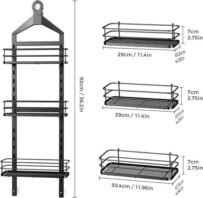 ODesign 3 Tier Height-Adjustable Shower Caddy Hanging Hanger Anti-Swing-Over The Shower Head Caddy-Shower Storage Organizer Bathroom Shelves Basket Shower Caddies-Black,11.9" x 4.84" x 36.2"