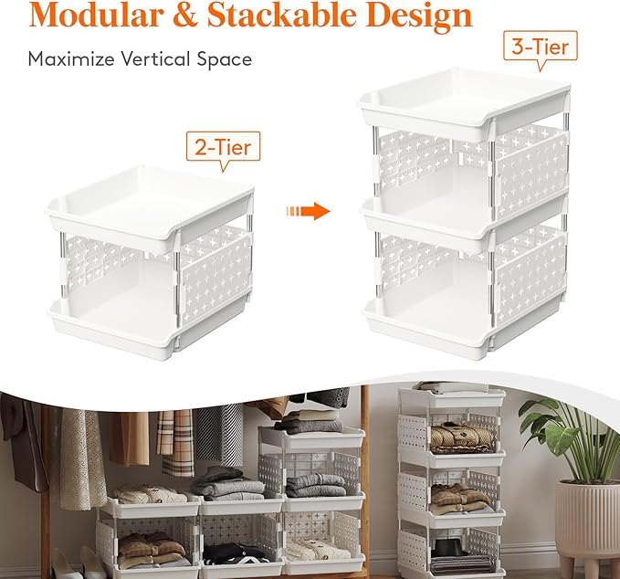 Lifewit Plastic Stackable Storage Baskets, 3 Tier Stacking Bins for Food and Clothes, Multifunctional Organizer for RV, Kitchen, Playroom, Pantry, White, 35 x 30 x 50 cm/14 x 12 x 20 inch, 1 Pack