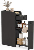 COSTWAY Slim Bathroom Cabinet, 7" Wide Space-Saving Storage with 2-Tier Slide-Out Drawer, Shelf & Toilet Paper Holder, Freestanding Narrow Organizer for Bathroom, Laundry & Small Spaces (Black)