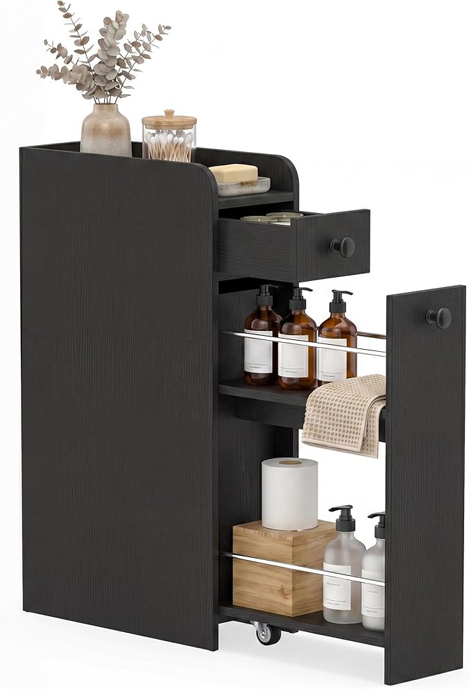COSTWAY Slim Bathroom Cabinet, 7" Wide Space-Saving Storage with 2-Tier Slide-Out Drawer, Shelf & Toilet Paper Holder, Freestanding Narrow Organizer for Bathroom, Laundry & Small Spaces (Black)
