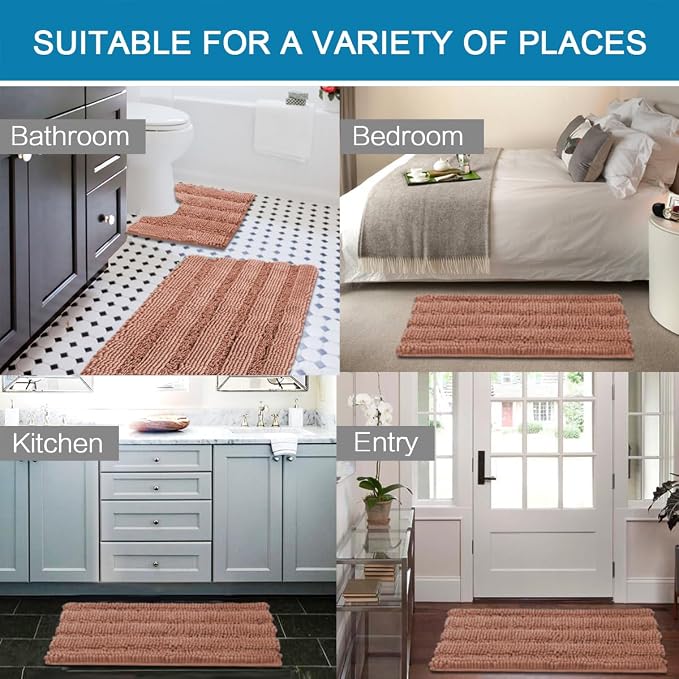 H.VERSAILTEX Bathroom Rugs Bath Rug Set 2 Piece Bathroom Contour Rug Toilet Mat Non Slip Contour Bath Rug Ultra Thick Water Absorbent Striped Bath Mats Washable(20" x 32" Plus 20" x 20" U, Muted Clay)