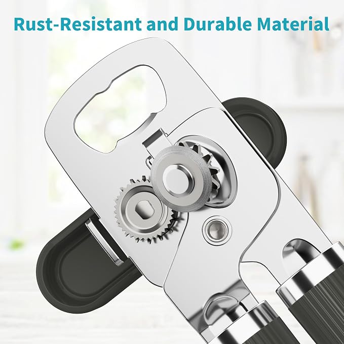 Ultrean Manual Can Opener Bottle Opener, Heavy Duty Stainless Steel Smooth Edge Manual Hand Held Can Opener With Soft Touch Handle, Rust Proof Oversized Handheld Easy Turn Knob (Gray)