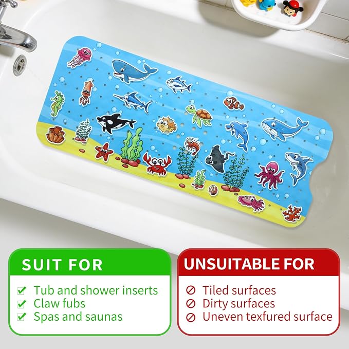 Bath Mat for Tub Non Slip Baby Kids Bathtub Mat Extra Long 40X16 Inch Anti Slip Toddler Shower Mat with Suction Cups & Drain Holes, Machine Washable,Ocean World