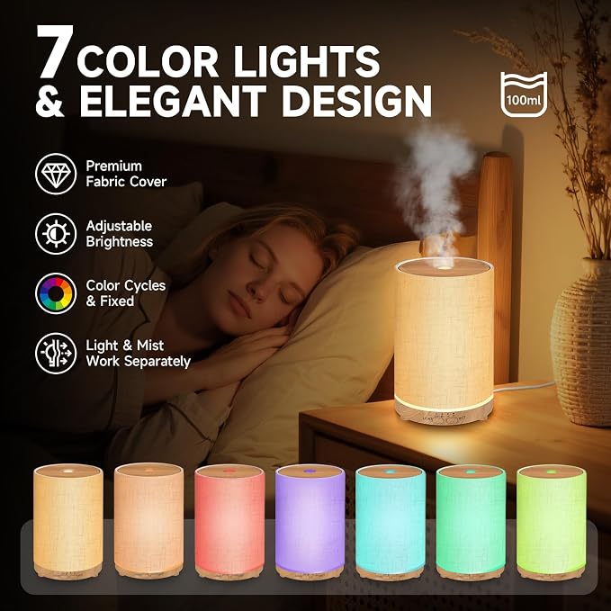 URPOWER 100ML Essential Oil Diffusers for Home with Linen Cover 7 Color Changing Lights, Timer & Auto-Off Scent Diffuser Oil Machine Aromatherapy Air Diffusers for Bedroom Office, Gray