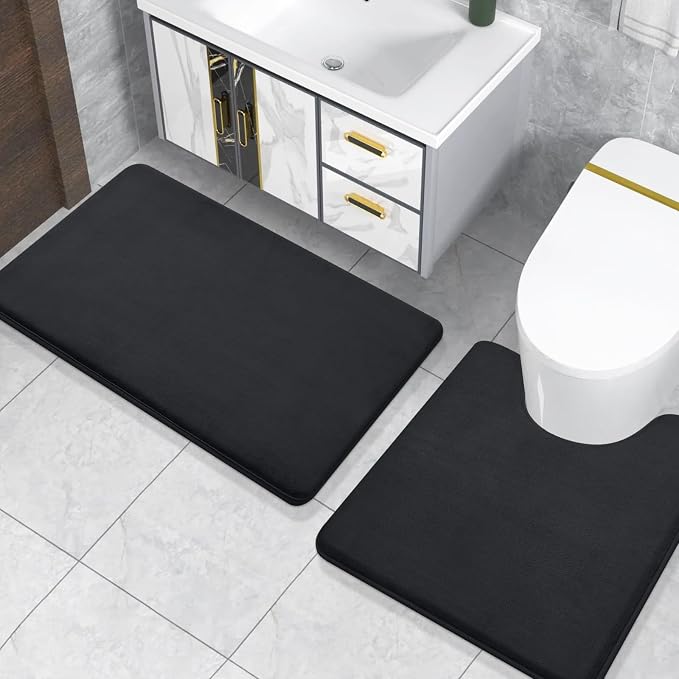 Smiry Memory Foam Toilet Rugs U-Shaped 20x20, Extra Soft Absorbent Non-Slip Contour Bathroom Rugs, Machine Washable Bath Mats for Toilet, Black