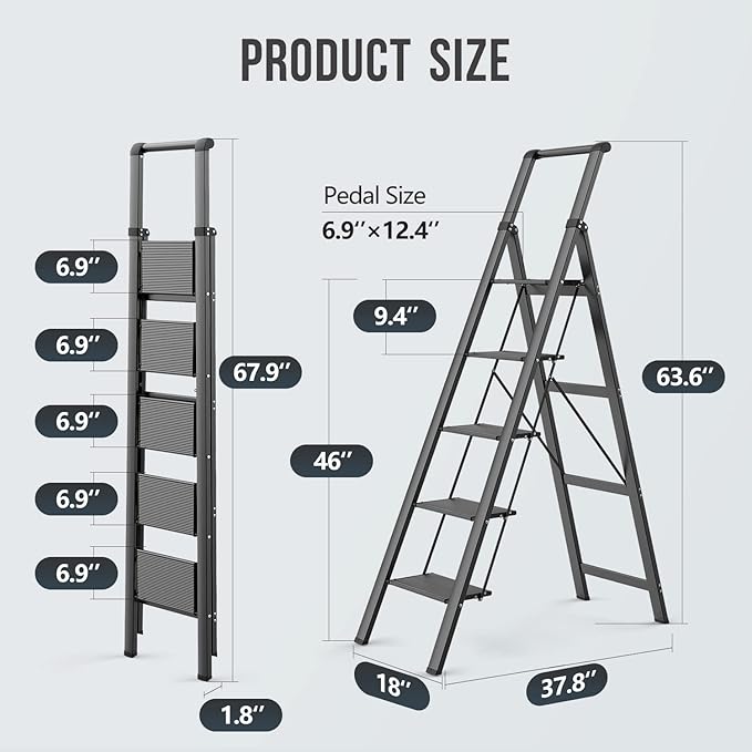 WOA WOA 5 Step Ladder, Ladders for Home, Anti-Slip Pedals, Step Stool Foldable, Lightweight to Move, Ease of Storage, Reach 10ft for Closet Kitchen Library, Hold 300lbs - Black