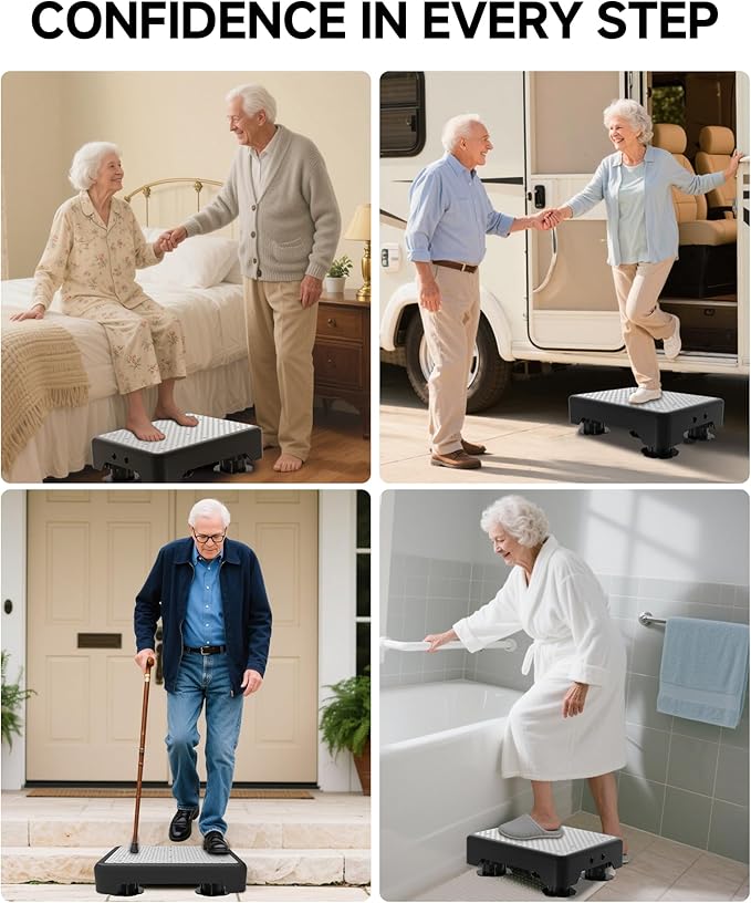 Adjustable Step Stool for Adults, Bed Step Stools, 600 LBS Capacity Safety Wide Step Platform, Indoor and Outdoor Steps for Seniors, Non-Slip Stepping Stool Elderly Assistance, Grey