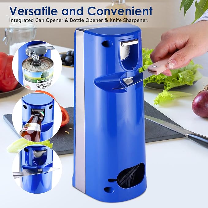 Davivy Electric Can Opener, One Touch Lid Opener, Removable Stainless Steel Cutter and 3-in-1 Design, with Sharpener and Bottle Opener (Blue-ABS)