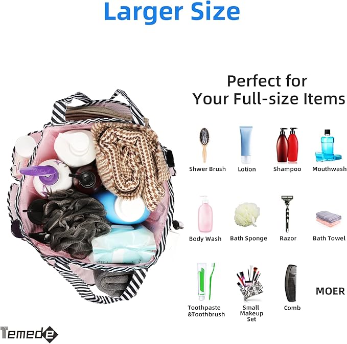 Temede Mesh Shower Caddy Tote, Large Shower Caddy Basket Portable, Quick Dry Hanging Toiletry Bag, 8 Storage Pocket Bath Organizer for College Dorm Room, Gym, Bathroom, Camp, Travel (Pink+Stripes)