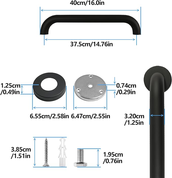 Shower Grab Bar, 2 Pack 16 Inch Black Bathroom Grab Bar, 1.25" Diameter 304 Stainless Steel Grab Bars for Bathtubs and Showers, Handicap Shower Grab Bar for Seniors Elderly