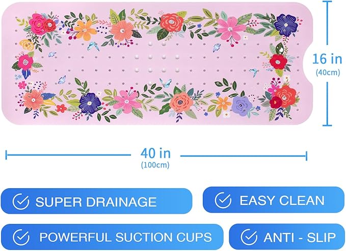 Pink Floral Bathtub Mat Non Slip for Kids 40x16in Extra Long Anti Slip Flower Bath Mat for Tub Bath Shower Mat with Large Drain Holes and Suction Cups Quality Modern Art Plant Design Bathroom Decor
