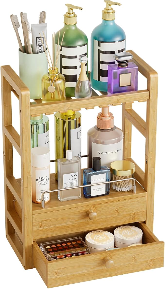 AmazerBath Bamboo Bathroom Countertop Organizer, 2-Tier Makeup Organizer with 2 Drawers, Vanity Organizer Storage Coffee Matcha Station, Compact Shelf for Bathroom Kitchen Office