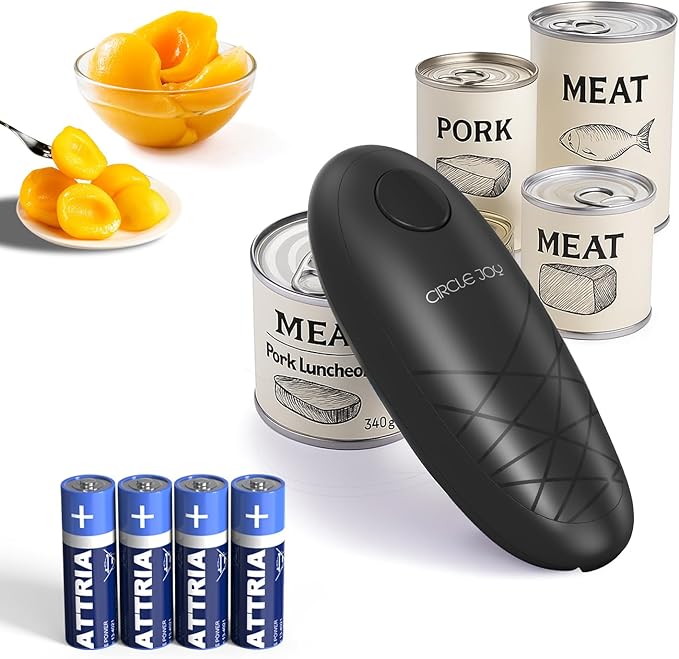 CIRCLE JOY Electric Can Opener, One-Touch Automatic Can Opening with Smooth Edges, Food Safety Handheld Battery-Operated Can Opener for Kitchen and Seniors, Black