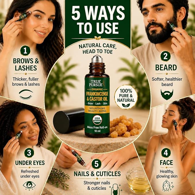 Organic Frankincense and Castor Oil Roll On – Eye Roller - 100% Pure and Natural Oil for Face, Dark Circles, Under Eye, Eyelashes, Eyebrows, Hair, Body & Skin Care Moisturizer – Hexane Free – 10 ml