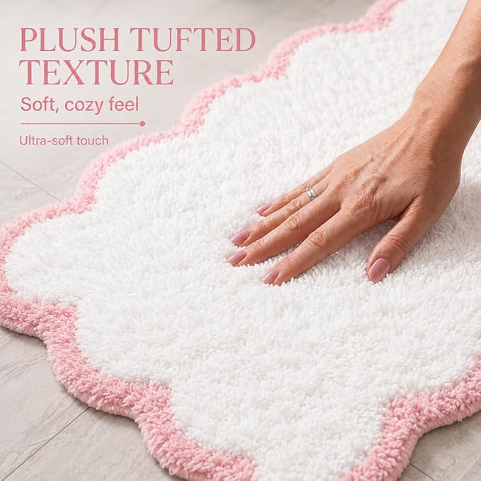 Scalloped Pink Bath Rug, Cute Bathroom Rug, Soft Absorbent Quick Dry Bath Mat, TPR Non Slip Backing, Microfiber Mat for Shower Tub Sink Vanity 20" x 31.5"