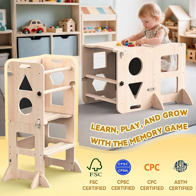 Woodure 3-in-1 Toddler Kitchen Step Stool, Foldable Learning Standing Tower with Blackboard, Wooden Kitchen Stool Helper for Kids
