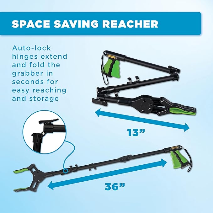 36 Inch Folding Grabber Reacher Tool - Heavy Duty Trash Picker Upper & Post Surgery Recovery Mobility Aid for Seniors - Strong Green Gripper with Magnetic Tip, Long Reaching Stick