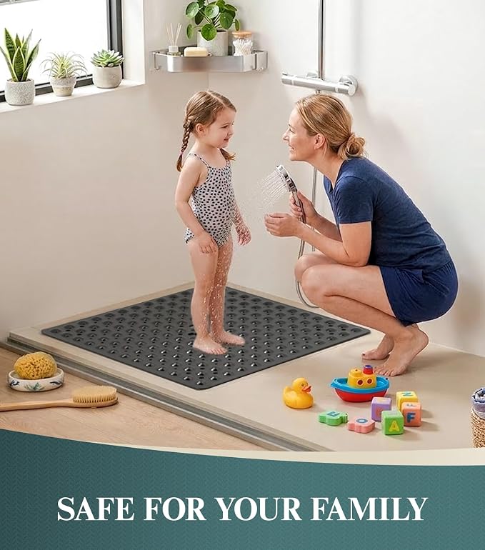 HITSLAM 21x21 Inch Square Shower Mat Non Slip, Anti Slip Bathtub Mat with Strong Suction Cups & Drainage Holes, Machine Washable Bathroom Floor Mat for Inside Shower Stall and Tub, Black
