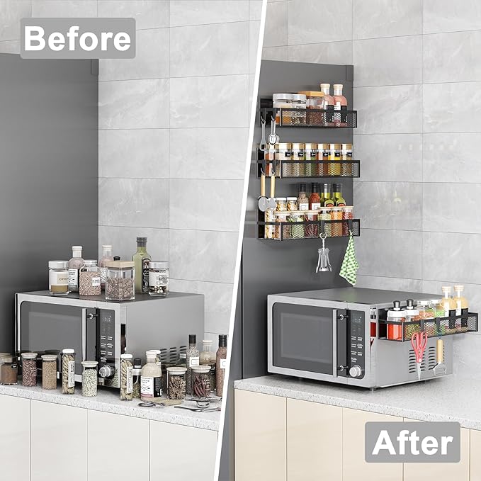 Aufworld Magnetic Spice Rack for Refrigerator, 5 Pack Magnetic Shelf, Moveable Magnetic Fridge Organizer with an 8-Hook Rack, Seasoning Organizer for Kitchen Organization (Extra with 8 Hooks)