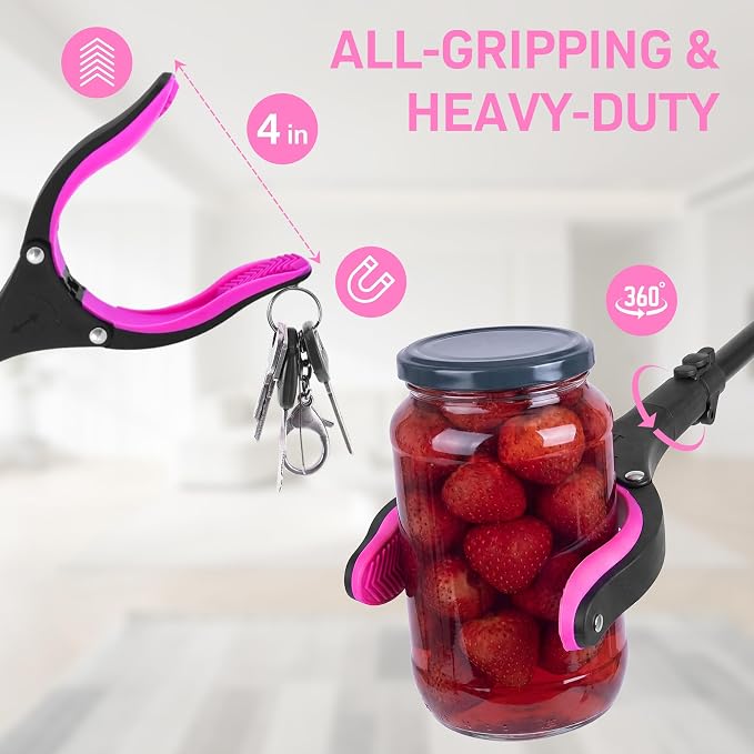 32 inch GrabRunner Folding Reacher Grabber Tool with Shoehorn,360° Rotating Head Grabber Tool with Strong Magnetic,Grabbers for Seniors (Pink)