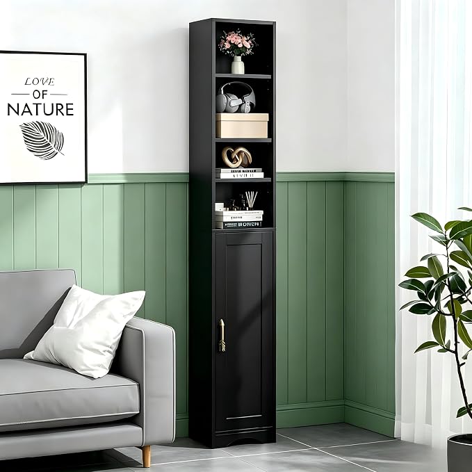 VECELO 71" Tall Narrow Storage Cabinet, Bathroom Storage Slim Freestanding Cabinet with Door & 6 Adjustable Shelves, Anti-Tip Design for Small Space, Kitchen, Living Room, Black
