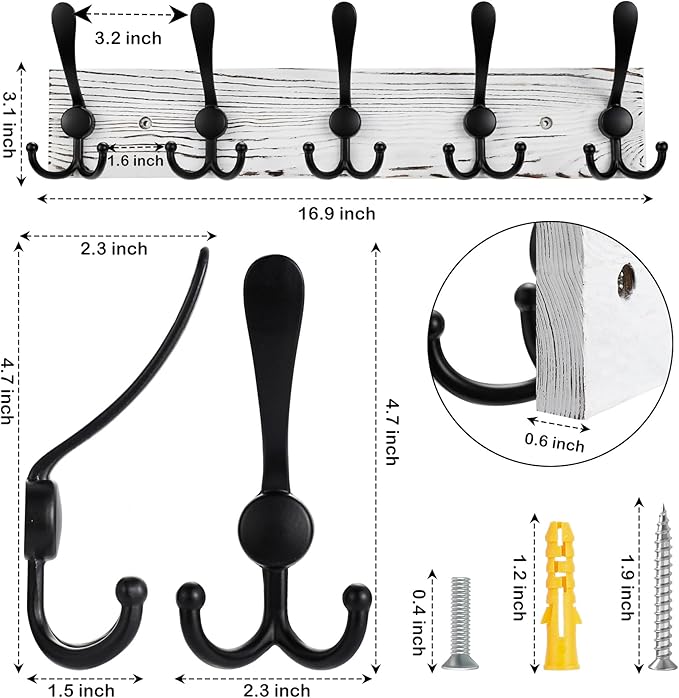 Kuhome 2pcs Coat Rack Wall Mount Wooden Hat Rack for Wall Hooks Pine Real Wood Plank 16.9" Old White Coat Hanger with 5 Black Triple Hooks for Hanging Coat Hat Jacket