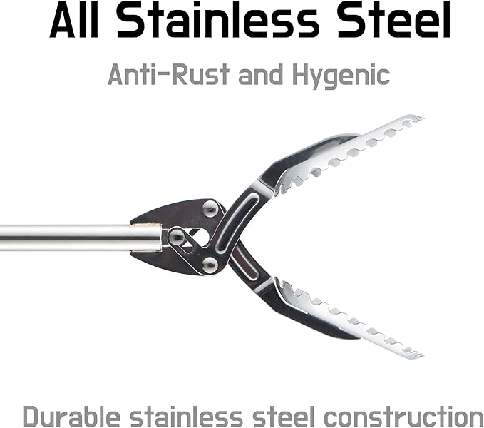 FTH All Stainless Steel Grabber Reacher Pickup Tool Heavy Duty Trash Picker Log BBQ Fireplace pits Snake Tongs
