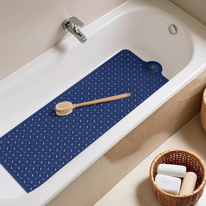 OTHWAY Bath Mat for Tub Non Slip: 39" X 17" Long Bathtub Mat with Hair Catcher│Big Drain Holes Shower Mats for Inside Shower│Machine Washable (Navy Blue)