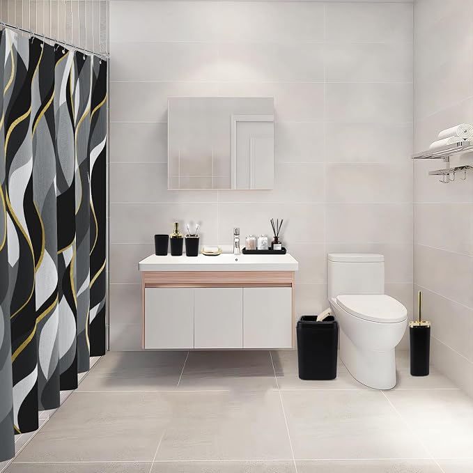 XLHOMO Black Bathroom Set, Bathroom Sets with Stripe Shower Curtain, Black and Gold Bathroom Accessories with Trash Can, Soap Dispenser, Soap Dish, Toilet Brush Holder, Qtip Holders for Bathroom