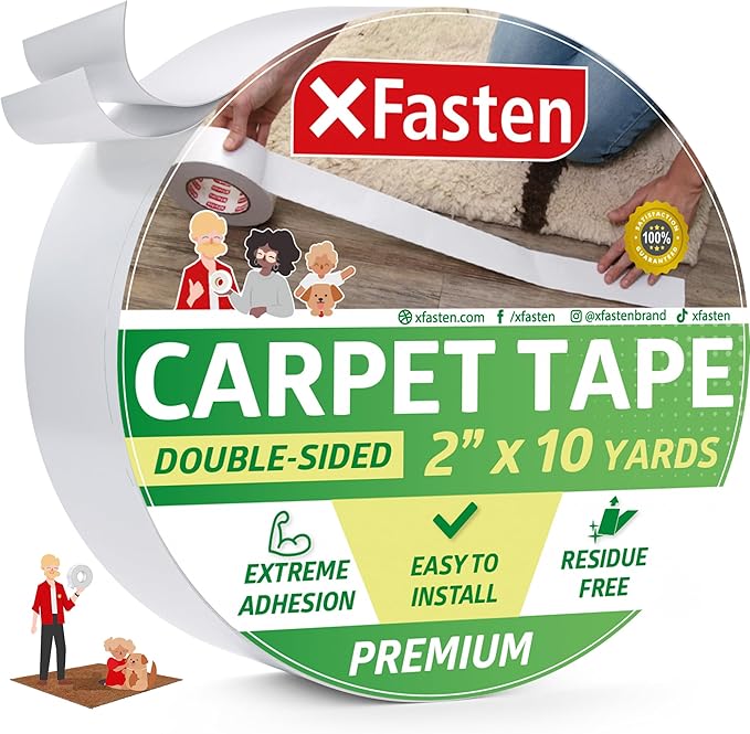 XFasten Carpet Tape for Hardwood Floors 2”x10yds No Residue Rug Tape Hardwood Floor, Strong Double Sided Carpet Tape Heavy duty Rug Tape for Area Rugs on Carpet Adhesive Tape for Rugs to Stay in Place