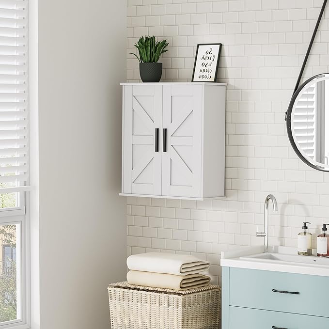 Homleke Bathroom Wall Cabinet, Over Toilet Storage Cabinet with Barn Doors and Adjustable Shelves, 3-Tier Medicine Cabinet Wall Mounted, for Bathroom, Kitchen, Entryway, Laundry Room, White, (7.9" D)