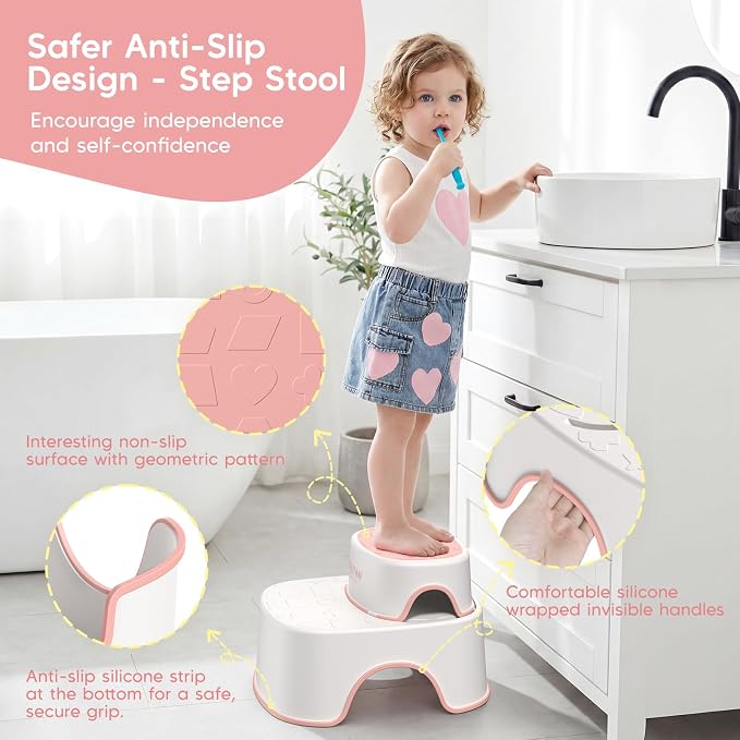 Potty Training Seat with Step Stools, Maliton Potty Training Toilet for Toddlers Girls with Splash Guard, Anti-Slip Toddler Stool for Bathroom, One Potty Seat and 2 in 1 Step Stool for Kids (Pink)