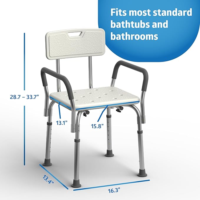 Medline Shower Chair with Backrest and Padded Armrests - 350 lb. capacity, Bath Bench, Seat, Stool for Independent Adult, Seniors, Elderly & Disabled Patients