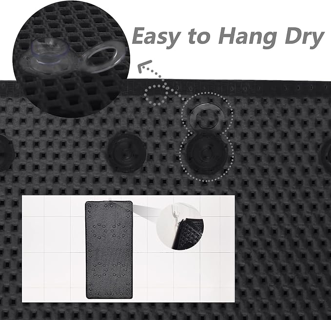 Shower and Bath Mat,Non-Slip Machine Washable and Extra Large Bathtub Mats with Drain Holes and Suction Cups Soft Foam Tub Mats-36” X 17”,Black