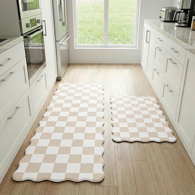Scalloped Cream Checkered Grid Checkerboard Kitchen Rug Sets [2 PCs], Anti-Fatigue, Waterproof Non-Slip Kitchen Mats Heavy Duty Ergonomic Comfort Foam Rug for Floor, Home, Laundry,17"x29"+17"x47"