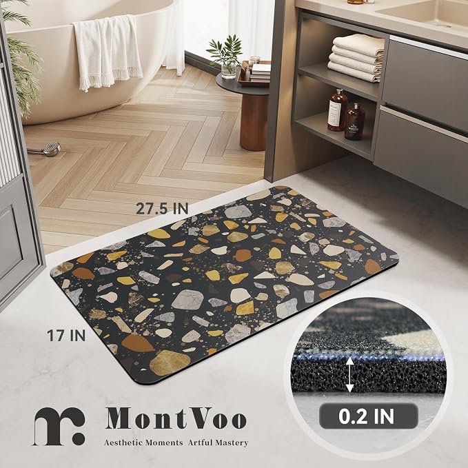 MontVoo -Bath Mat-Non Slip Thin Bathroom Rugs Fit Under Door- Quick Dry Absorbent Faux Suede Surface Grey Bathroom Floor Mats-Shower Rug for in Front of Bathtub Shower Black & Multi Color 17x27.5