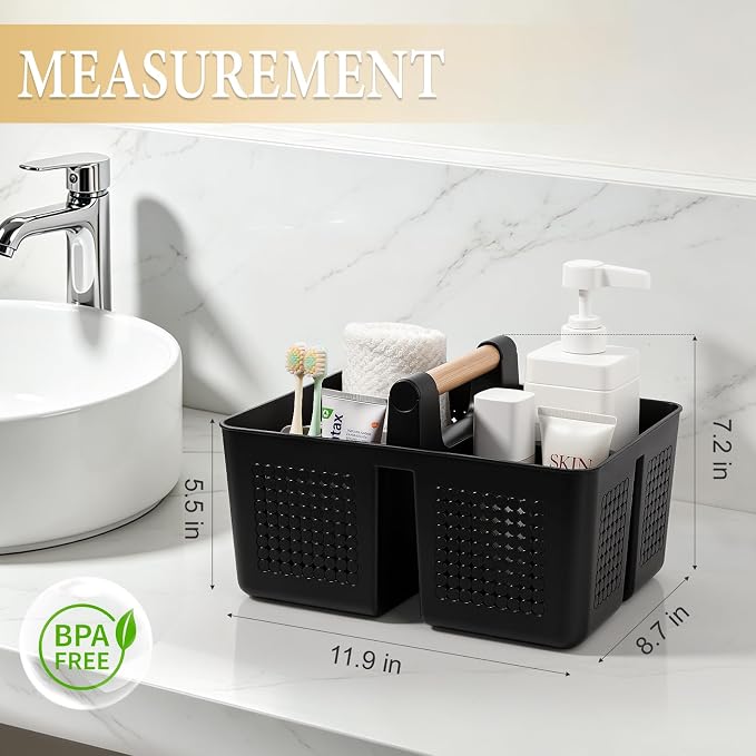 JiatuA Shower Caddy Basket Portable Caddy Organizer with Handle Cleaning Supplies Caddy Plastic Tool Storage for Bathroom Kitchen College Dorm Bedroom, Black