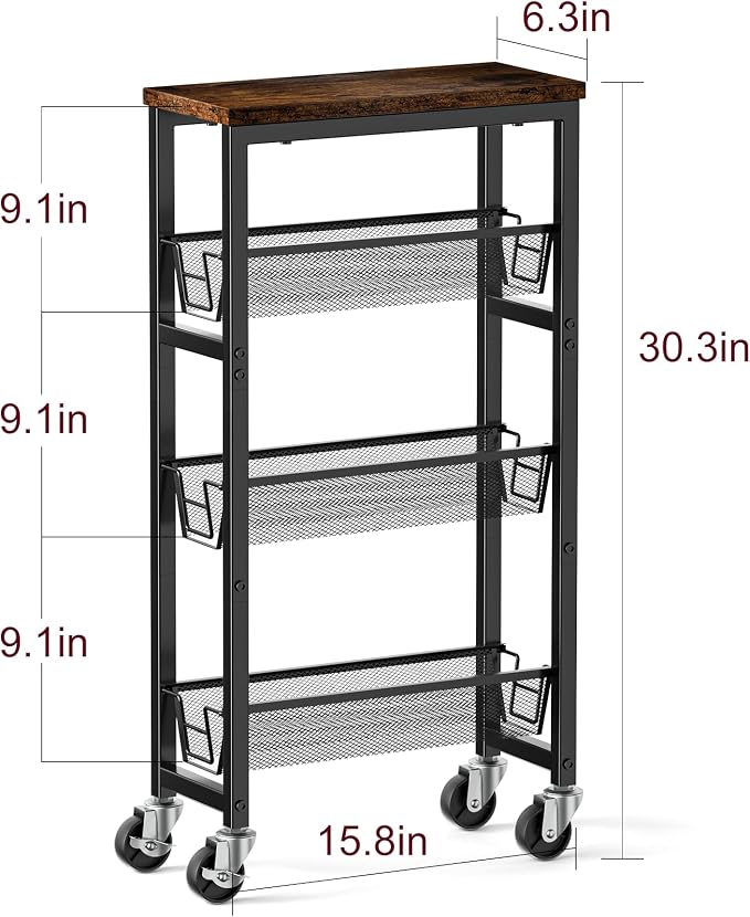 Honest Slim Storage Cart 4-Tier Slim Rolling Cart with Metal Frame and Wooden Top, 6.3 Inches, Storage Cart for Kitchen, Dining Room, Living Room, Bathroom, Home Office, Rustic Brown and Black